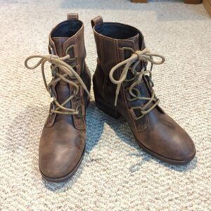 Sorel Cate Lace Up Ankle Boots Womens 8 Brown Leather Block Heel
